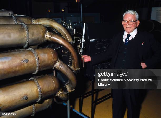 Sir Frank Whittle is shown with the Whittle WI engine, at the Science Museum, London. Whittle joined the Royal Air Force as an apprentice, qualified...