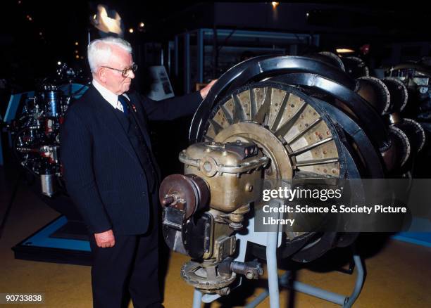 Sir Frank Whittle is pictured here with the Whittle WV engine in the Science Museum, London. Whittle joined the Royal Air Force as an apprentice,...