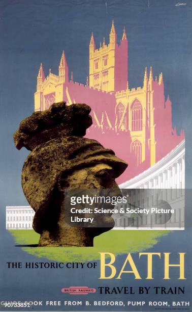 Poster produced for British Rail showing the stone head of a Roman centurion, the Royal Crescent and the cathedral. Artwork by Lander.