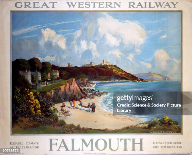 Great Western Railway poster. View of the sea and cliffs with a beach in the foreground. Artwork by L Burleigh Bruhl.