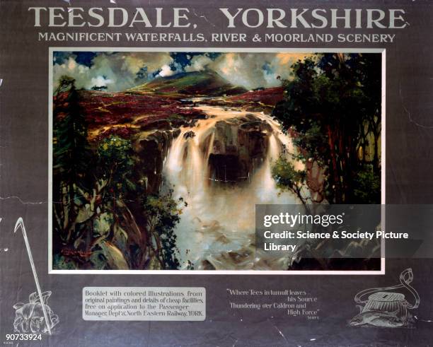 Poster produced for the North Eastern Railway to promote Teesdale in Yorkshire, showing waterfall and moorland scene. Artwork by Frank H Mason ....
