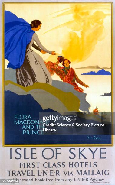 London & North Eastern Railway poster showing Flora MacDonald and Bonnie Prince Charlie on the Isle of Skye. Artwork by Freda Lingstrom.