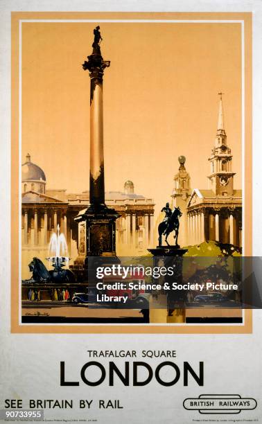 British Railways poster showing Nelson's Column and the National Gallery. Artwork by Claude Buckle.