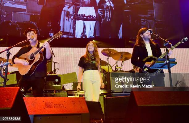 Marcus Mumford of Mumford & Sons and Winston Marshall of Winston Marshall perform onstage with Maggie Rogers during iHeartRadio ALTer Ego 2018 at The...