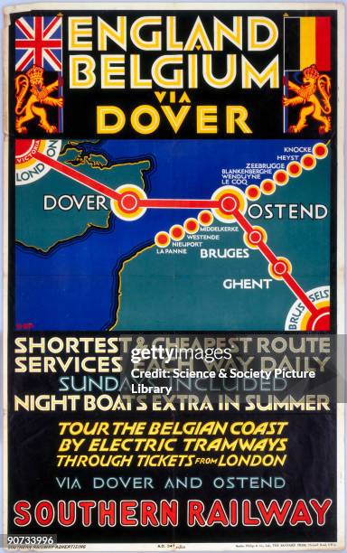 Poster produced for the Southern Railway to promote services between England and Belgium via Dover and Ostend, which is here promoted as the...