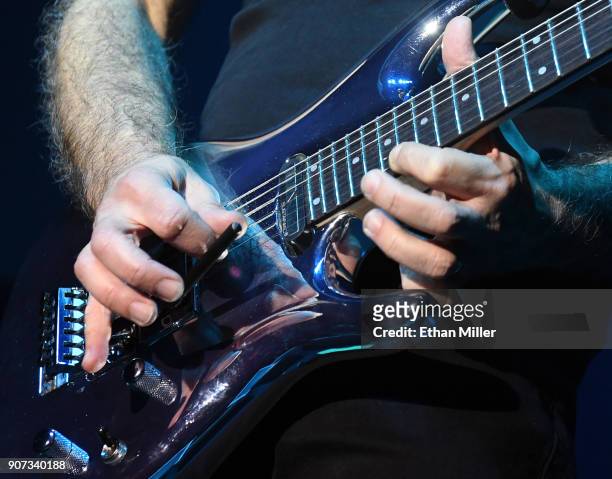 Guitarist Joe Satriani performs as part of the G3 concert tour at Brooklyn Bowl Las Vegas at The Linq Promenade on January 17, 2018 in Las Vegas,...