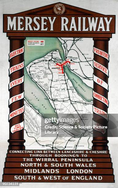Mersey Railway poster promoting the �Connecting Link between Lancashire and Cheshire� and showing a map of the Mersey Railway system and connecting...