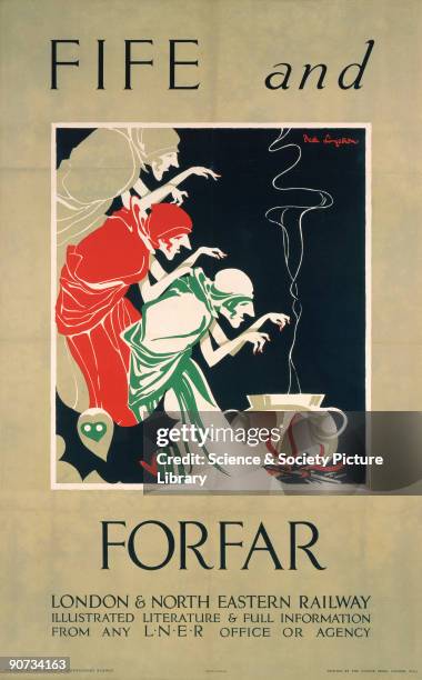 Poster produced for London & North Eastern Railway to promote rail travel to Fife and Forfar in Scotland. The poster shows an illustration of three...