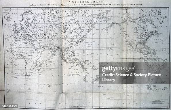 Cook Map World map showing the three Pacific voyages of Captain James Cook ...