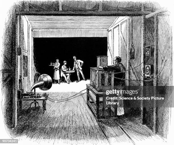 Drawing by E J Meeker of Edison's 'Black Maria' studios. This illustration from Century magazine is captioned 'Interior of the Kinetographic Theater,...