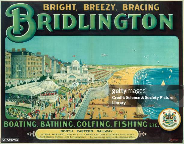 Poster produced for North Eastern Railway to promote rail travel to the popular coastal holiday destination of Bridlington, North Yorkshire. The...