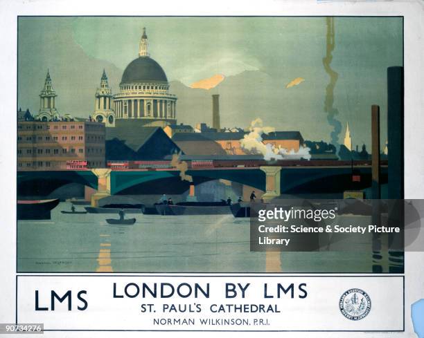 Poster produced by London, Midland & Scottish Railway to promote rail services to London. The poster shows a view across the Thames to St Paul�s...