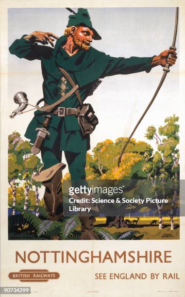 British Railways poster showing Robin Hood in Sherwood Forest. Artwork by Frank Newbould . Newbold studied at Bradford College of Art, and joined the...