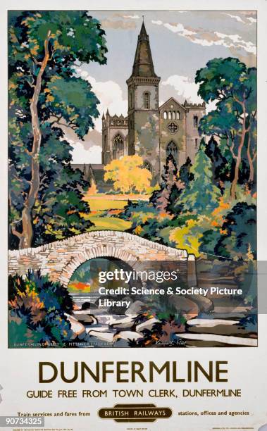British Railways poster showing Dunfermline Abbey and Pittencrieff Park. Artwork by Kenneth Steel.