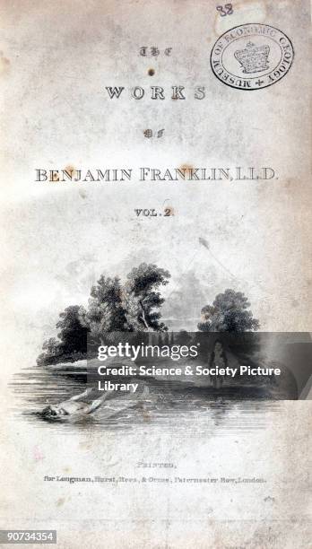 Plate showing Benjamin Franklin lying in a river, flying a kite. Franklin , one of the Founding Fathers of the US Constitution, pursued interests in...