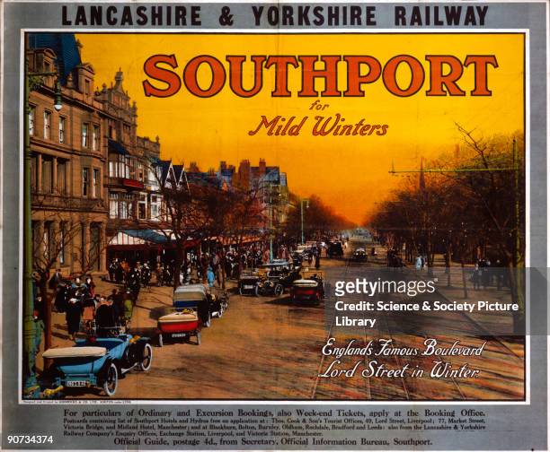 Poster produced for Lancashire & Yorkshire Railway to promote train services to Southport on Merseyside. Artwork by an unknown artist.