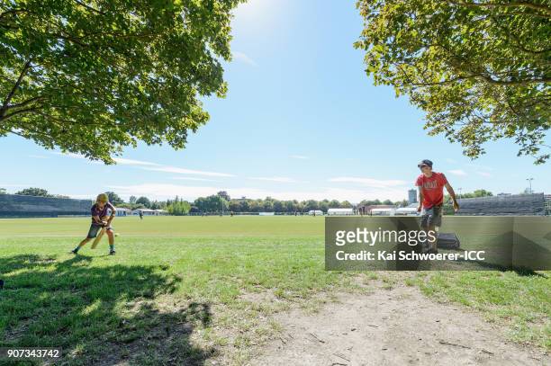 Father and his son play Cricket during the ICC U19 Cricket World Cup match between the West Indies and Kenya at Lincoln Oval on January 20, 2018 in...