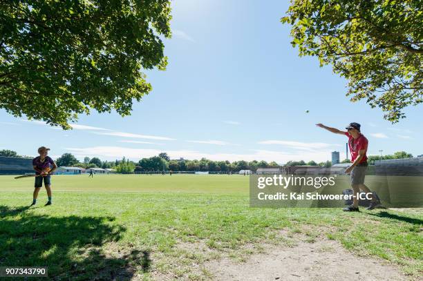 Father and his son play Cricket during the ICC U19 Cricket World Cup match between the West Indies and Kenya at Lincoln Oval on January 20, 2018 in...