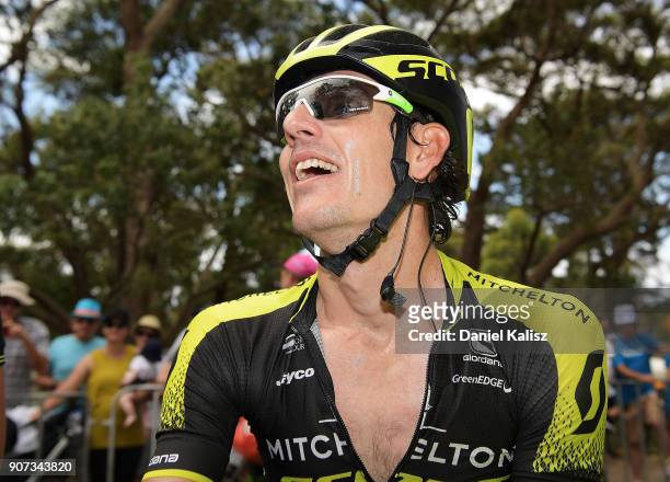Daryl Impey of South Africa and Mitchelton-Scott reacts after taking the leaders ochre jersey during stage five of the 2018 Tour Down Under on...