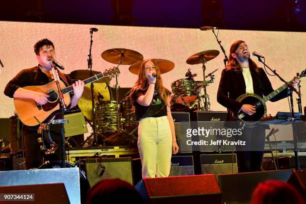 Marcus Mumford and Winston Marshall of Mumford & Sons perform onstage with Maggie Rogers during iHeartRadio ALTer Ego 2018 at The Forum on January...