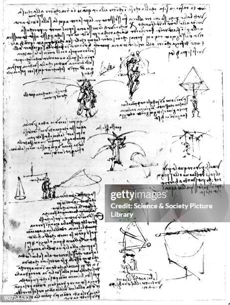 Notes and sketches of parachute experiments on flying machine wings by Leonardo da Vinci. Leonardo da Vinci was an Italian painter, sculptor,...