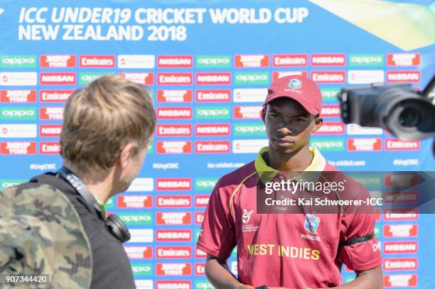 Alick Athanaze of the West Indies speaks to the media after the win in the ICC U19 Cricket World Cup match between the West Indies and Kenya at...