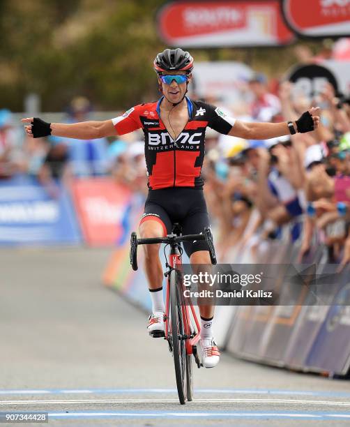 Richie Porte of Australia and BMC Racing Team celebrates after crossing the finish line to win stage five of the 2018 Tour Down Under on January 20,...