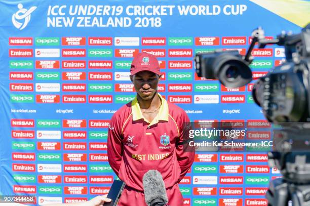 Emmanuel Stewart of the West Indies speaks to the media after the win in the ICC U19 Cricket World Cup match between the West Indies and Kenya at...