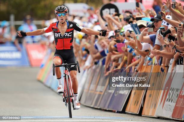 Richie Porte of Australia and BMC Racing Team celebrates after crossing the finish line to win stage five of the 2018 Tour Down Under on January 20,...