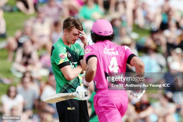 Blair Tickner of the Stags reacts as Dean Brownlie of the Knights makes his runs during the Super Smash Grand Final match between the Knights and the...