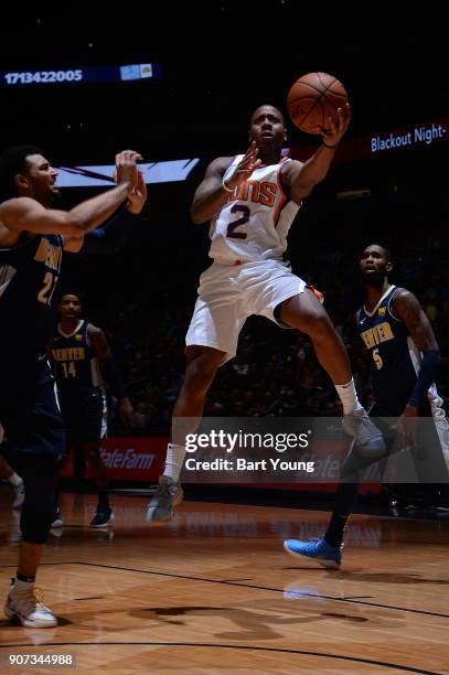 Isaiah Canaan of the Phoenix Suns goes for a lay up against the Denver Nuggets on January 19, 2018 at the Pepsi Center in Denver, Colorado. NOTE TO...