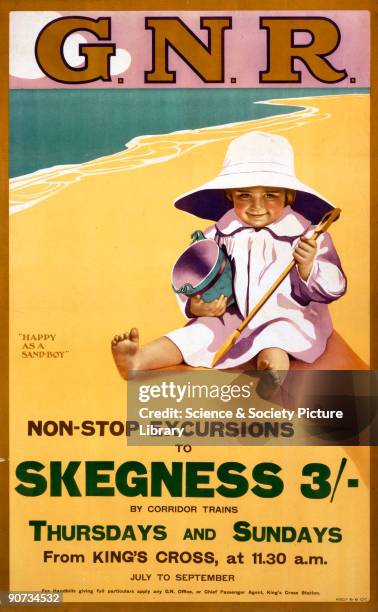 Great Northern Railway poster subtitled �Happy as a Sand-Boy� promoting non-stop excursions for three shillings - about 15 pence.