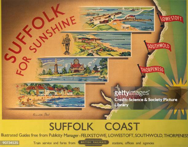 Poster produced for British Railways to promote rail travel to the popular holiday resorts of Lowestoft, Southwold, Thorpeness and Felixstowe on the...