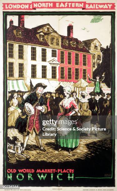 Poster produced for the London & North Eastern Railway to promote rail travel to Norwich. The poster shows an 18th century style market scene, where...