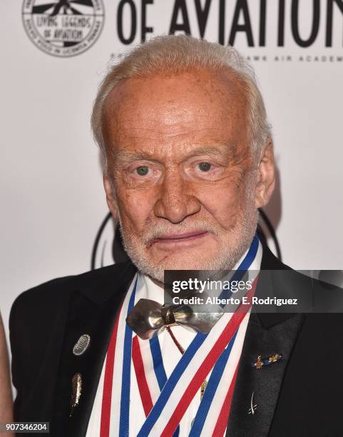 Former Astronaut Buzz Aldrin attends the 15th Annual Living Legends of Aviation Awards at the Beverly Hilton Hotel on January 19, 2018 in Beverly...