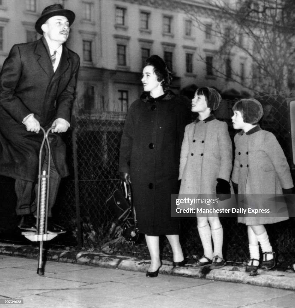 Enoch Powell on a pogo stick, 23 January 1962.