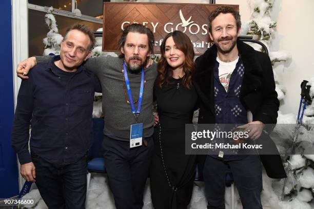 Director Jesse Peretz, actors Ethan Hawke, Rose Byrne and Chris O'Dowd attend the "Juliet, Naked" after-party at the Grey Goose Blue Door during...