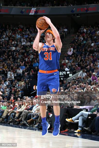 Ron Baker of the New York Knicks shoots the ball against the Utah Jazz on January 19, 2018 at vivint.SmartHome Arena in Salt Lake City, Utah. NOTE TO...