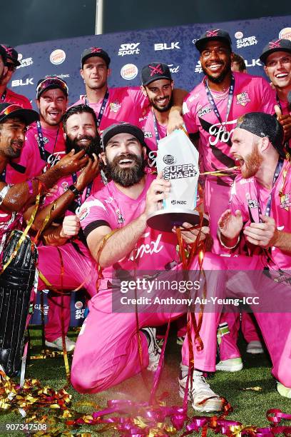 Dean Brownlie of the Knights celebrates with the team after winning the Super Smash Grand Final match between the Knights and the Stags at Seddon...