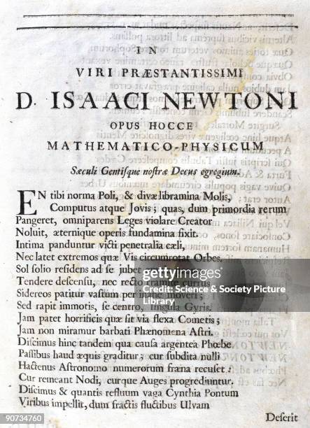 Page showing astronomer and mathematician Edmond Halley's Ode to Newton from the first edition of Newton's 'Principia Mathematica' . English...