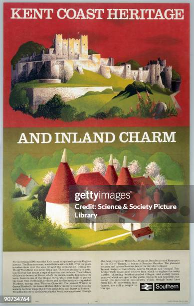 Kent Coast Heritage and Inland Charm' by Lander. British Rail poster showing Dover Castle and an example of a local oats house and hops orchard.