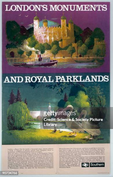 London's Monuments and Royal Parklands' by Lander. British Rail poster showing the Tower of London from the River Thames and pelicans in St James's...