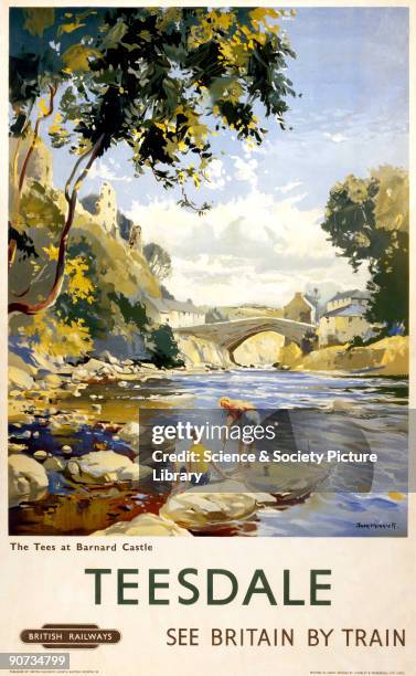 Poster produced for British Railways North Eastern Region showing the river Tees at Barnard Castle in County Durham. The artist is Jack Merriott.