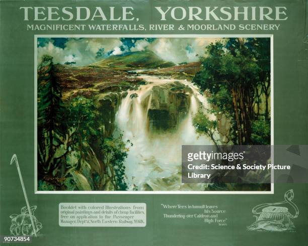 Poster produced for North Eastern Railway to promote rail travel to Teesdale, Yorkshire. The poster shows a magnificent waterfall over some rocks in...