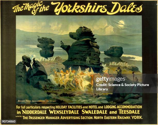 Poster produced for North Eastern Railway to promote rail travel to the Yorkshire Dales. The poster shows a magical scene set in Brimham Rocks, Dacre...