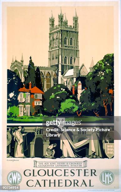 Poster produced by Great Western Railway and London, Midland & Scottish Railway to promote rail travel to Gloucester, Gloucestershire. The poster...