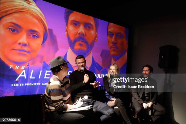 Luke Evans Dakota Fanning and Daniel Bruhl answer questions following a screening of "The Alienist" presented by Vulture + TNT during Sundance Film...