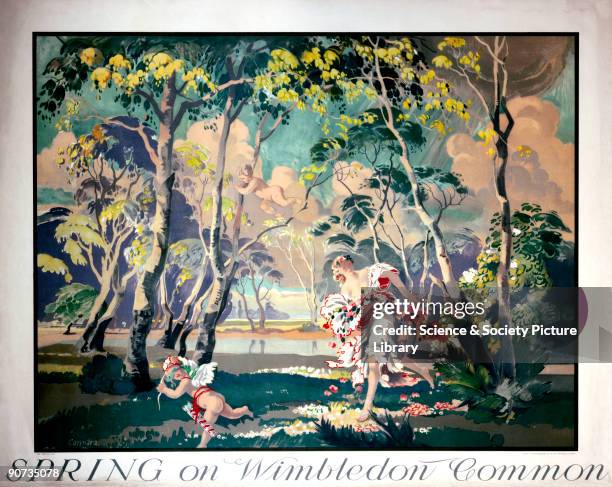 Poster produced for London Underground to promote underground rail travel to Wimbledon. The poster shows a traditional allegory of spring,...