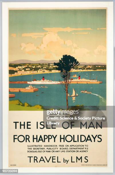 Poster showing Douglas Bay on the Isle of Man, produced for the London Midland and Scottish railway, designed by Norman Wilkinson.