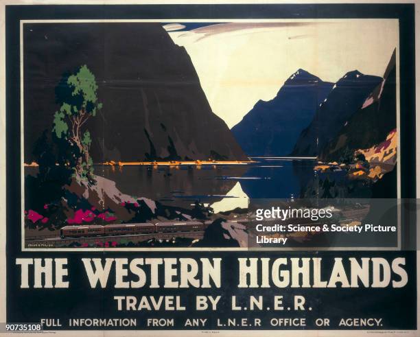 Poster produced for the London & North Eastern Railway to promote rail travel to the Western Highlands of Scotland. The poster shows a steam...